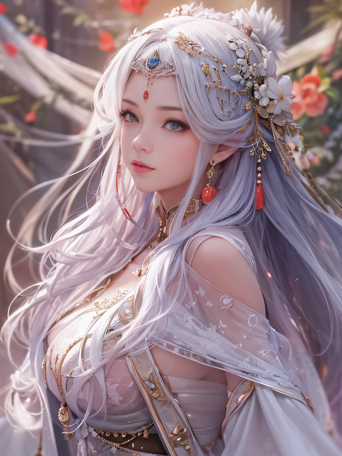 Beautiful female emperor, Clear skin, Beautiful appearance, There is deep wisdom in her eyes, It&#39;s as if she sees through the whole world, Wearing a luxurious white robe, Long sword, Robes fluttering in the wind and silver hair blowing in the wind, The white robe perfectly complements her elegant figure., The attitude is calm and idyllic, Like a perfect fairy, Yasutomo Oka's painting style, Big Breasts, Add light purple and purple, Add Light Red, Intricate details, Splash screen, 8K resolution, masterpiece, Cute Face, Big temple, mysterious magic circle background, Geometric mural, Colorful background, aura, Sharp Eyes, Break, Blonde, Strong winds, lightning, Granada, Ara, arabic