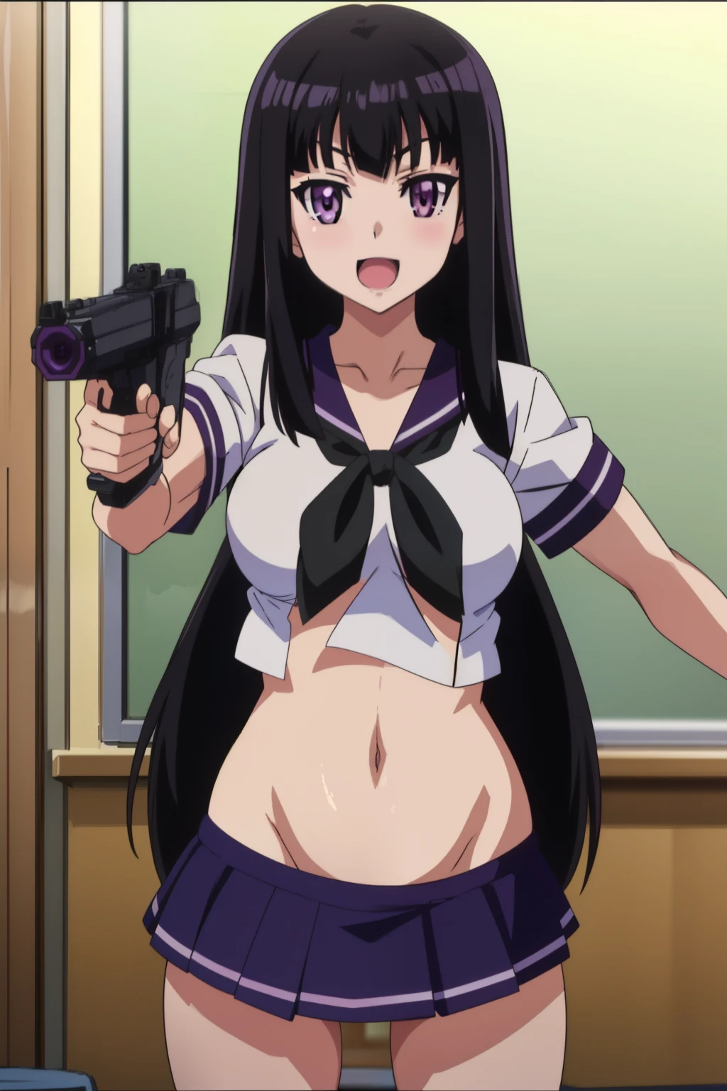 midoribyakudan, midori byakudan, long hair, black hair, (purple eyes:1.1),large breast,
masterpiece, best quality, highly detailed, a anime girls in sailor uniforms with a gun posing for a picture,
evil smile, smile, open mouth,black_serafuku, ecchi anime style, anime girls , (nsfw) not safe for work,
ecchi style, ecchi, shipgirls, digital anime art!!, high school girls, holding a gun, hold a gun, anime style 4
k, micro skirt, exposed belly, exposed navel, exposed midriff,
exposed lower belly,school, classroom, 
