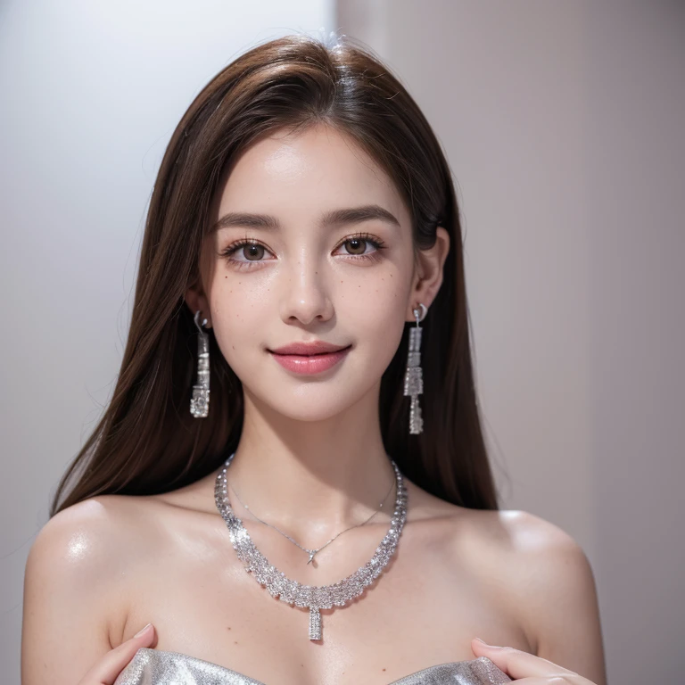 Ultra-high resolution, Better Quality, photo shoot, 4K, (Realistic:1.4) Freckle portrait photography , Big breasts super long brown hair, brown eyes, Wearing pink Extra short dressing gown,Feminine and seductive,shy smile,((Silver Necklace_Large earrings:1.2)),Place your left hand gently on your chin,right hand holding