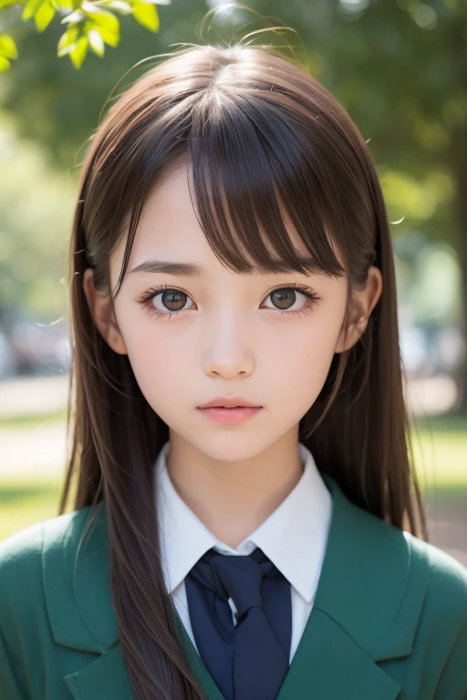 one girl, (a beauty girl, delicate girl:1.3), (12 years old:1.3),
break, (school uniform, serafuku:1.3),
break, Very fine grain definition, (Symmetrical eyes:1.3),
break, (Lush green park:1.3), 
break, Small breasts, Brown eyes, Parted bangs, Brown Hair,  girl,
break, (Eye and facial details:1.0),
break, (masterpiece, highest quality, Super detailed, Detailed face, 8k)