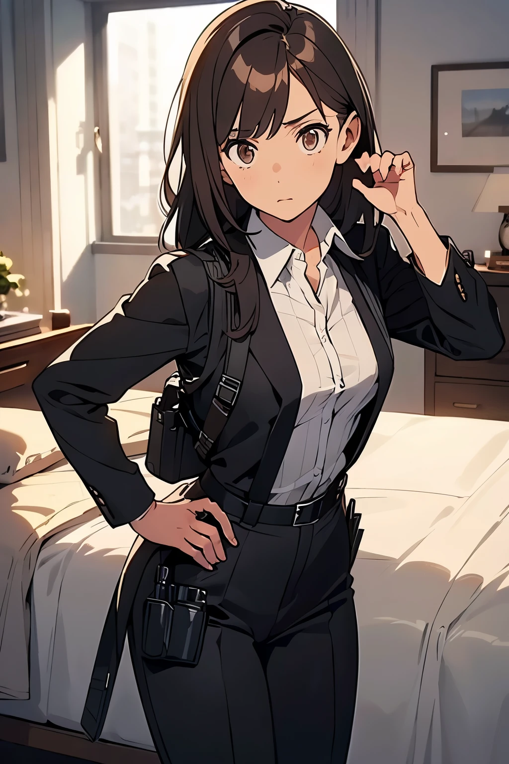 
Brown Hair、Staring at the audience　　　Black suspenders　　　bulging big breasts　　 　 　　　wall: 　Black pantsuit　　　　　　sight　　　Small face　 　　　holster　　　Beautiful woman　　Show your hand　　 Lying in bed　　sight 　　Taunt　side　side汗 　arm　Dress shirt　Black Suit　belt