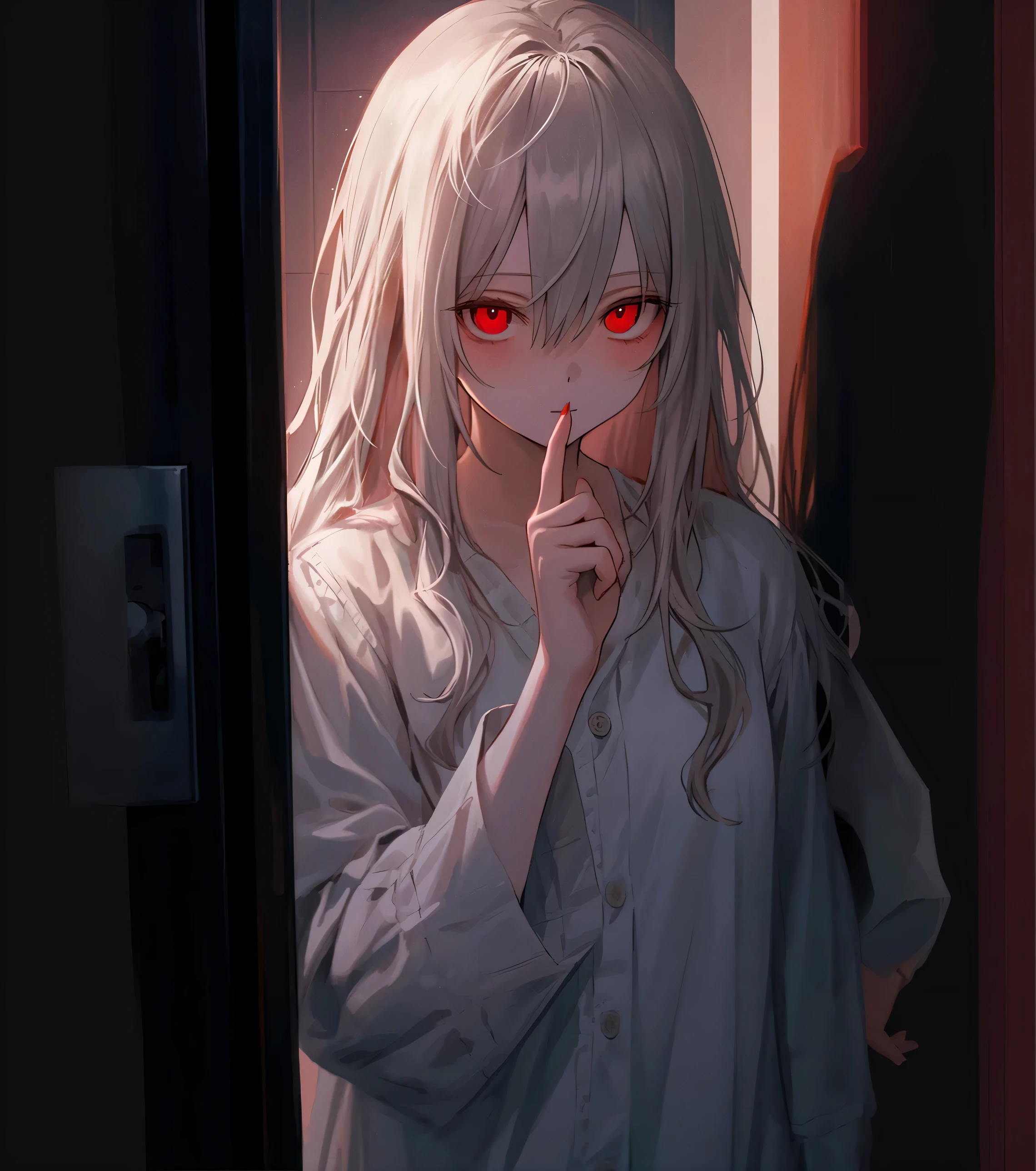 anime girl with red eyes standing in doorway with finger on lips, with red glowing eyes, with glowing red eyes, demon anime girl, with glowing eyes, seductive anime girl, 4k anime wallpaper, perfect white haired girl, white haired, red eyes glowing, with red eyes, 4 k manga wallpaper, luminous red eyes, girl with white hair, anime style 4 k