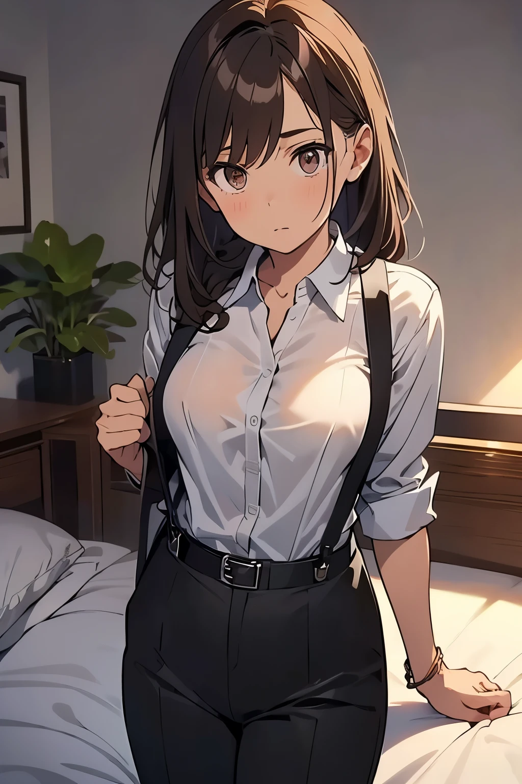 Brown Hair、Staring at the audience Black suspenders bulging big breasts wall: Black pantsuit sight Small face holster Beautiful woman Show your hand Lying in bed sight Taunt side side汗 arm Dress shirt Black Suit belt