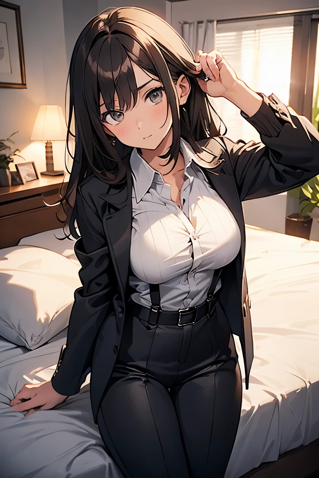 
Brown Hair、Staring at the audience　　　Black suspenders　　　bulging big breasts　　 　 　　　wall: 　Black pantsuit　　　　　　sight　　　Small face　 　　　holster　　　Beautiful woman　　Show your hand　　 Lying in bed　　sight 　　Taunt　side　side汗 　arm　Dress shirt　Black Suit　belt