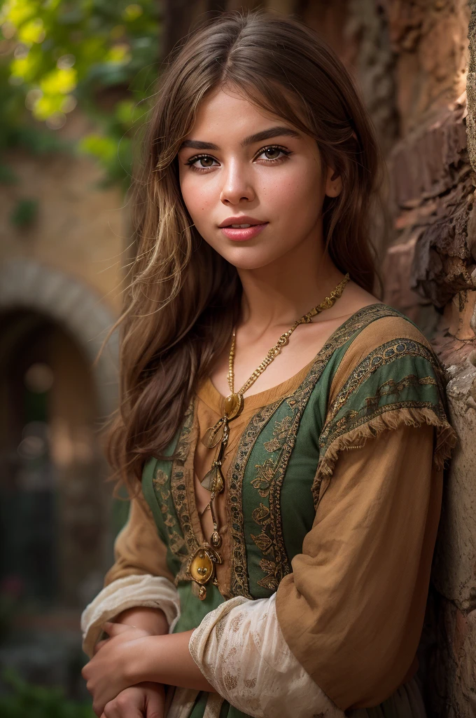 A Photograph of a peasant girl, s1enna with brunette hair, set in a lush medieval village. She stands by an old stone well, her rustic clothing brilliantly hued in earthy tones. Golden sunlight filters through the vibrant green foliage, casting a warm glow on her face. Her gentle smile mirrors the idyllic charm of the setting, capturing the essence of simplicity and natural beauty.
photorealism, photorealistic, (masterpiece, high quality), highly detailed, high resolution, high detail, intricate, HDR, UHD, 8k, sharp focus, detailed background, perfect hands, realistic eyes, natural skin texture, (blush:0.5), (goosebumps:0.5), subsurface 
