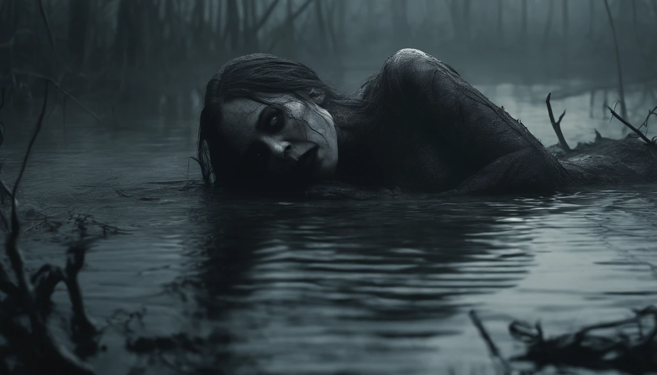 A pale demonic woman crawling out of the waters of a misty swamp, horror film, Cinematic look, Spooky aesthetics, Super detailed, Realistic, masterpiece.