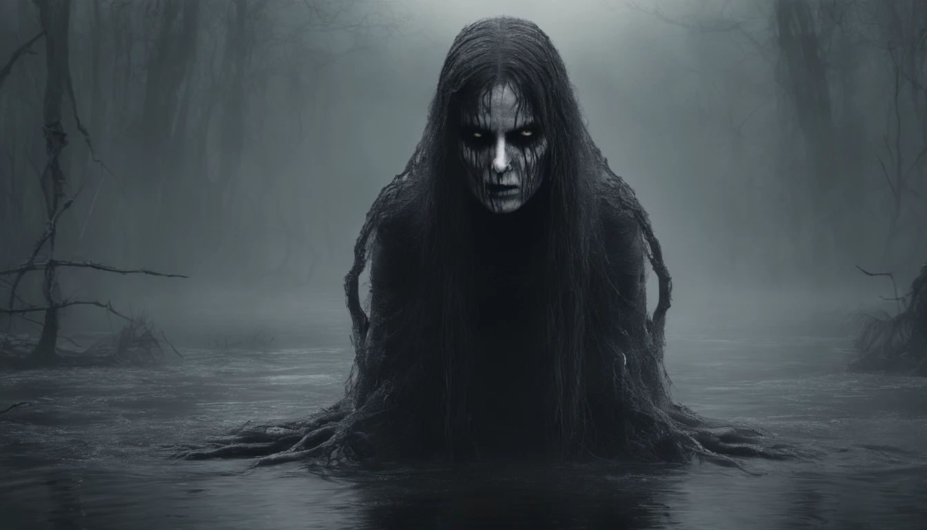 A pale demonic woman crawling out of the waters of a misty swamp, horror film, Cinematic look, Spooky aesthetics, Super detailed, Realistic, masterpiece.
