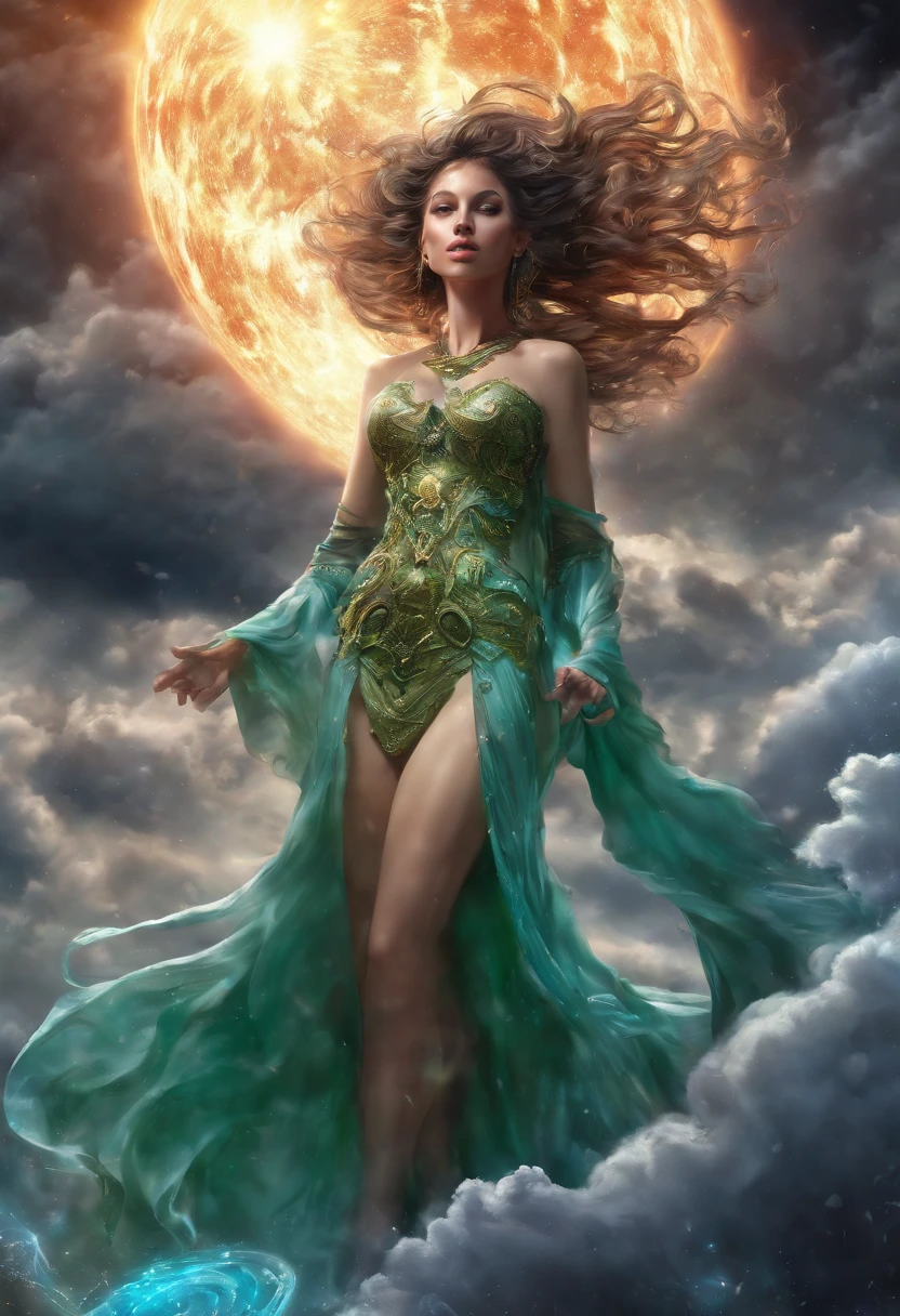 Venus, perfect body Torso, perfect face, face detailed, body wrapped in blue flames, perfect style, psychedelic color, seductive, green transparent cloak, liquid cloak, whirl wind, neon light, UHD, hair blow, long waist hair, surrealism, epic realism, uphold hands, fire tornado background, dark night scene, dark moon, standing on the clouds, ultra detailed, mystical ethereal.