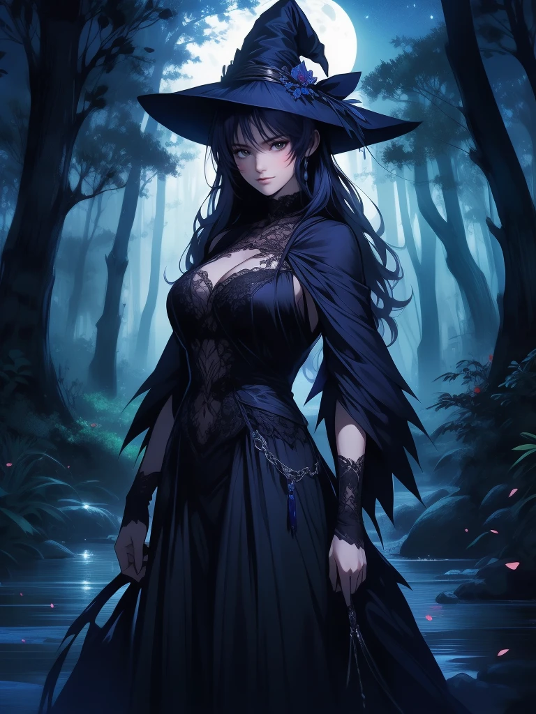 highest quality,　Best image quality,　masterpiece,　1 Female, mature woman, shandy, witch, witchの大きな帽子, Alluring, kindly smile, night, (Dark Forest:1.2), lanthanum,