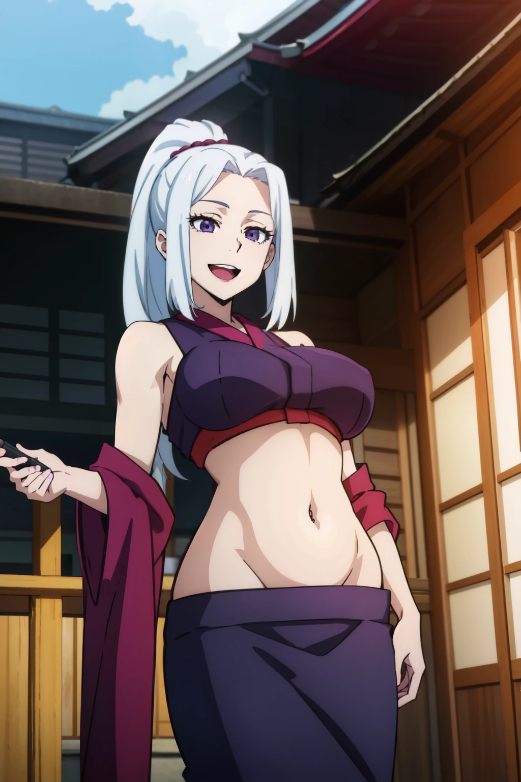  mei mei, long hair, very long hair,  ponytail,  (purple eyes:1.1), (parted bangs:1.5),  white hair,, masterpiece, best quality, highly detailed, a anime girls in kimono dress with a sword posing for a
picture, bare shoulder,open kimono, evil smile, open mouth, crop top , (nsfw) not safe for work, smile,
ecchi anime style, anime girls, ecchi style, ecchi, digital anime art!!, in anime style, official artwork, visual
novel cg, beautiful anime girl, anime style 4 k, kimono pencil skirt, exposed belly, exposed navel,
exposed midriff, exposed lower belly, outdoor, japanese architecture, temple