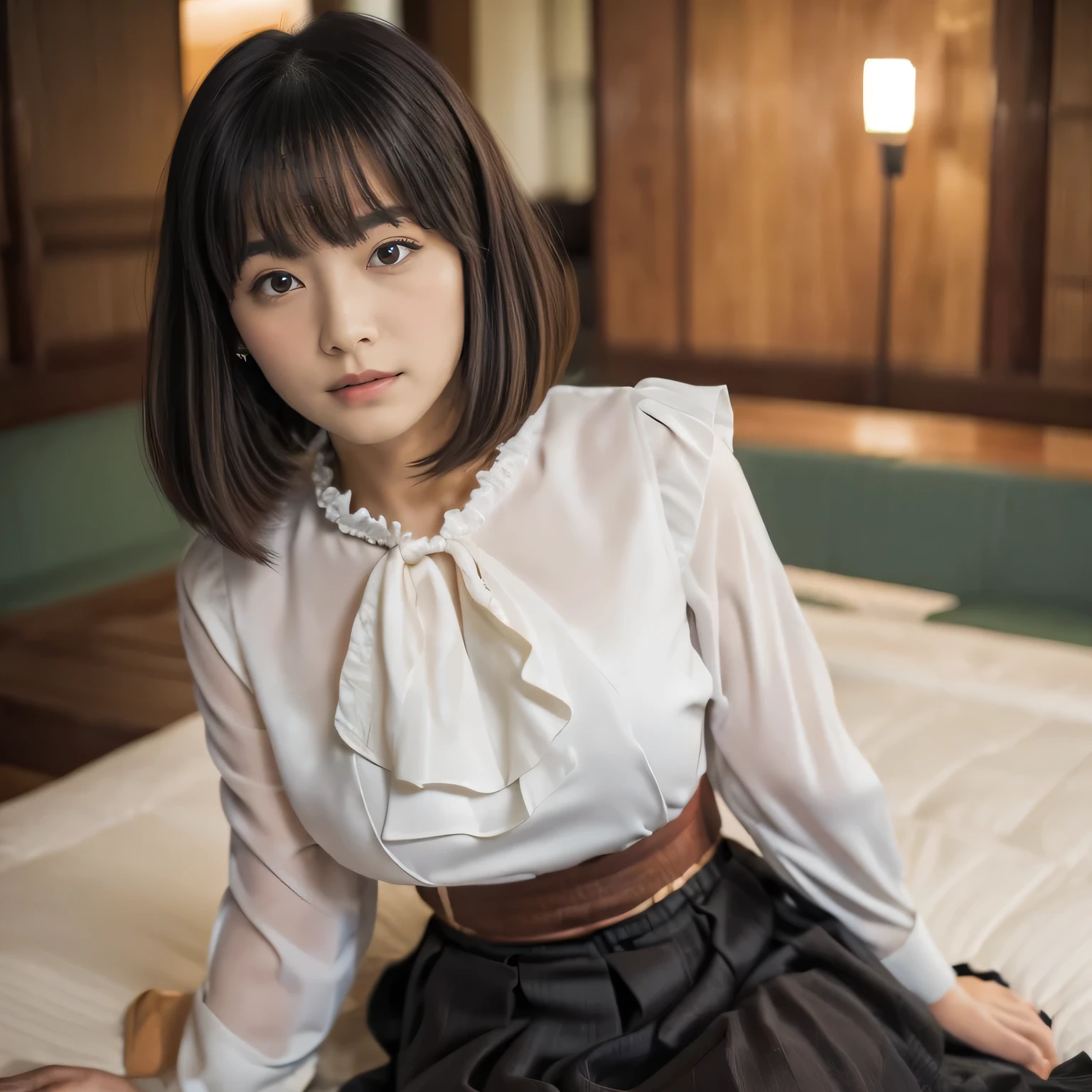 (Sensual look:1.9), ((Full Body Shot:1.9 highest quality)), (from below:1.0), (panorama:1.8), Cinema Lighting, (RAW Photos, highest quality), ( Realistic:1.4), realism, masterpiece, Very delicate and beautiful, Very detailed, 4K wallpaper, wonderful, finely, Very detailed CG unity 8k wallpaper, Very detailed, High resolution, Soft Light, Japanese, (one shot:1.9), (26 years old:1.6), Beautiful detailed woman,Famous Japanese actresses, ((Round face:1.2)), (Fat:0.8), Detailed face,Very detailed eyes and face, Finely beautiful eyes, (Straight Bob Hair:1.4), Shiny Hair, Brown Hair, (bangs:1.4), (Smiling:0.4), Natural Makeup, (Small breasts:0.8), Beautiful detailed girl, Very detailedな目と顔, Beautifully detailed nose, Finely beautiful eyes, Long, slender legs, (Frilled blouse:1.4), (Long skirt:1.3), Strolling around Shibuya,