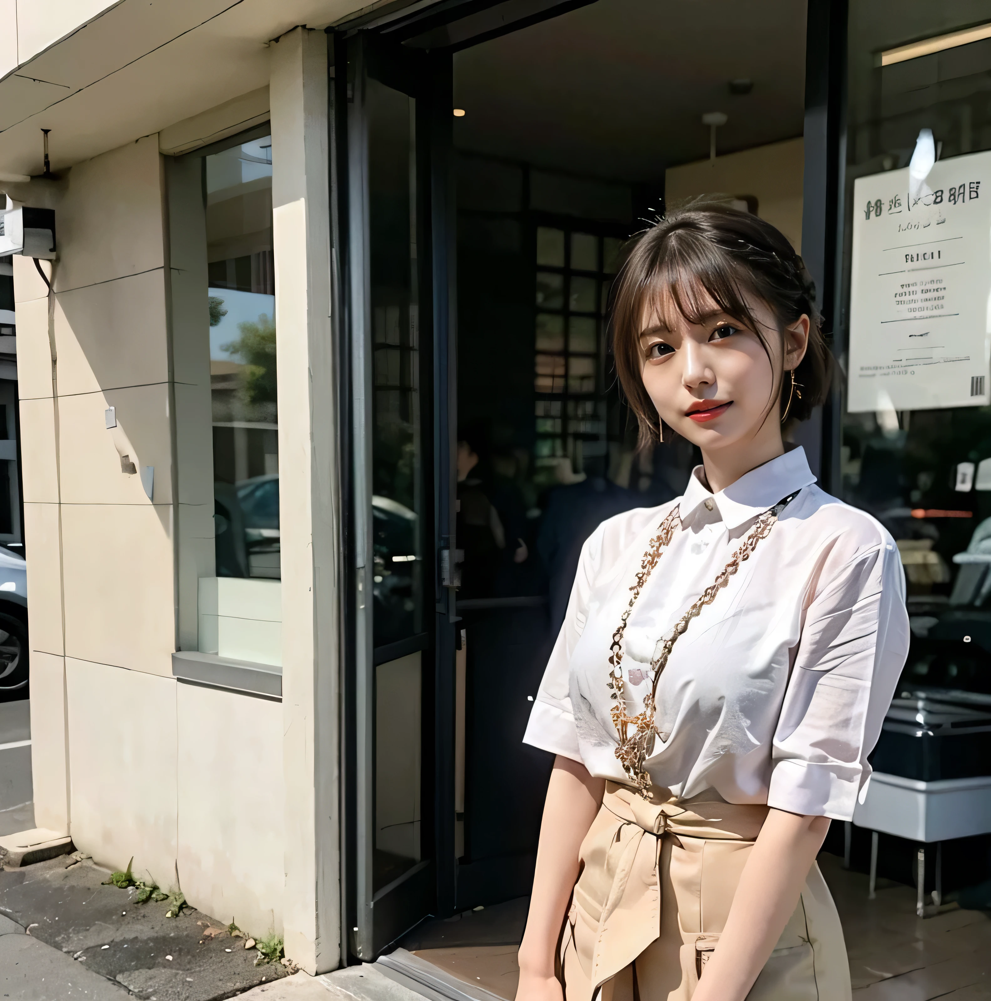 smile、Fluffy perm hair、with rufflessleeveless、Braided hair only for the bangs、Light brown hair、teeth grinding、{{Cowgirl Shot}}、((Close-up shot from the waist up、Big Breasts:1.4))、Swollen breasts、Big Breasts、Smile、Silk clothing、Big Breasts that can be seen even through clothes、Braided hair only for the bangs、Cowboy Shot、A luxurious white collared silk shirt and brown skirt、Elegant attire、A luxurious bag、In front of a stylish cafe with illuminations、A lovely smile、((Nagoya street corner))、Full body photo、ring、Luxurious clothing、Short skirt、Tuck your hair behind one ear、Silver Necklace、smile、 elegant ponytail、Caustics、Highly detailed photos、Very beautiful eyeedium Short Hair、Large Breasts、Super no makeup、(8k、RAW Photos、highest quality、masterpiece:1.2)、(Realistic、Realistic)、1 girl、((Medium Short Hair、Looking into the camera:1.4))、Hair blowing in the wind