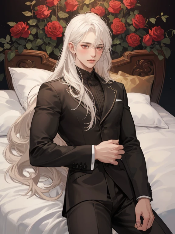 1 male, red eyes against a pale complexion, His flowing long wavy white hair, styled in a sophisticated mullet, His lean, muscular physique and refined demeanor make him the epitome of male beauty., bedroon background elegant, roses, handsome, hair between his eyes, mullet hair elegant, flowy hair, hairdown, thick hair between his eyes, side swept bangs, seen in elegant red and black detailed suit, (((FRINGE WITH TEXTURE side swept))), laying at the bed (((exhausted, aroused, panting, blushing)))