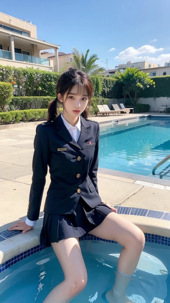 Korean school uniform, school uniform shirt, ribbon, skirt, bright brown hair, school poolside, poolside bench, 8K RAW photo, high resolution, cool Korean at , big round breasts, beautiful eyes in every detail, long eyelashes, beautiful double eyelids, slit eyes, elongated eye shape, sanpaku eyes, duck mouth, evil smile, evil look, beautiful very thin legs, beautiful very thin thighs, random short hair, hair tied behind the head, earrings, necklaces,