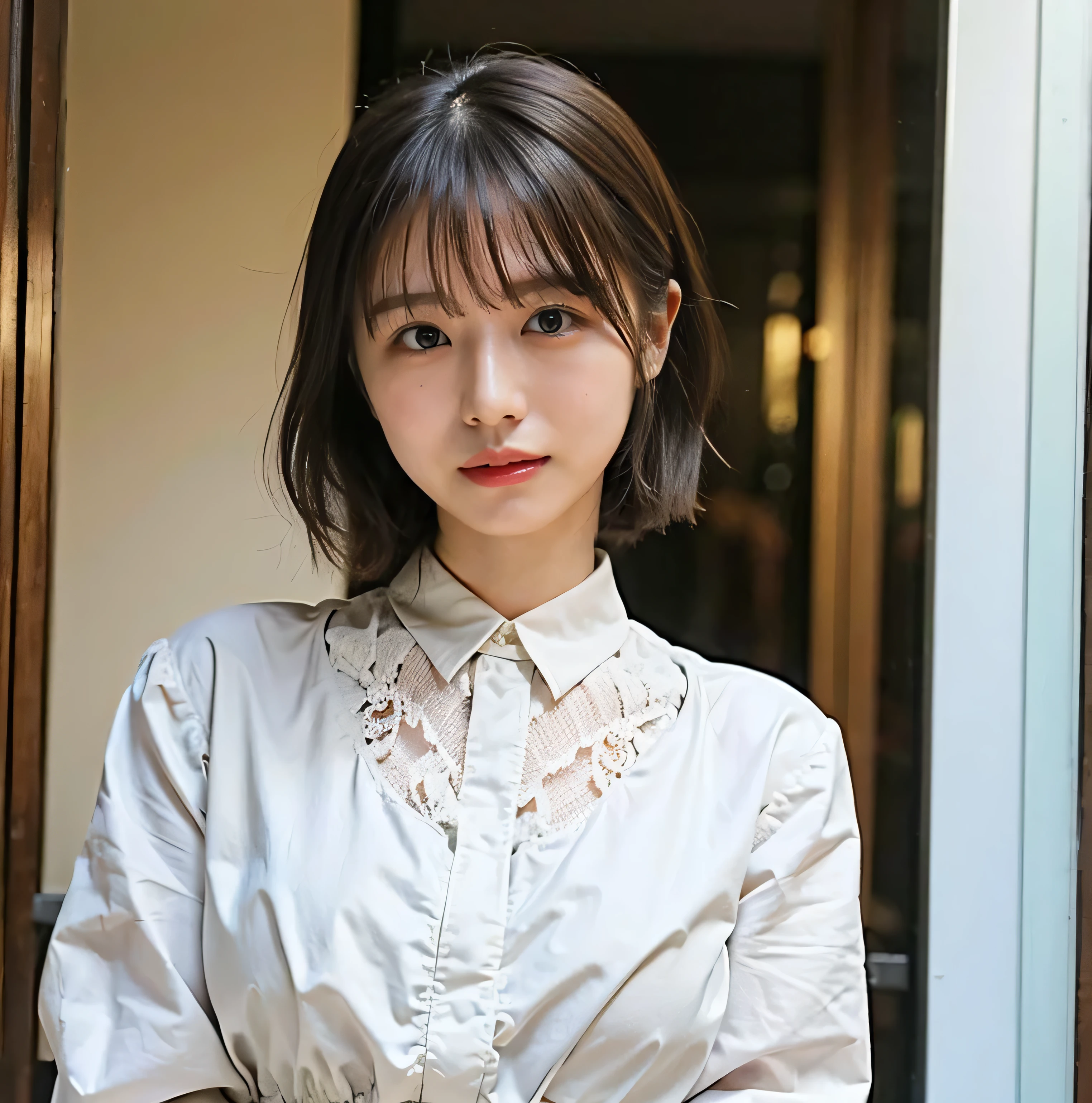 smile、Fluffy perm hair、with rufflessleeveless、Braided hair only for the bangs、Light brown hair、teeth grinding、{{Cowgirl Shot}}、((Close-up shot from the waist up、Big Breasts:1.4))、Swollen breasts、Big Breasts、Smile、Silk clothing、Big Breasts that can be seen even through clothes、Braided hair only for the bangs、Cowboy Shot、A luxurious white collared silk shirt and brown skirt、Elegant attire、A luxurious bag、In front of a stylish cafe with illuminations、A lovely smile、((Nagoya street corner))、Full body photo、ring、Luxurious clothing、Short skirt、Tuck your hair behind one ear、Silver Necklace、smile、 elegant ponytail、Caustics、Highly detailed photos、Very beautiful eyeedium Short Hair、Large Breasts、Super no makeup、(8k、RAW Photos、highest quality、masterpiece:1.2)、(Realistic、Realistic)、1 girl、((Medium Short Hair、Looking into the camera:1.4))、Hair blowing in the wind