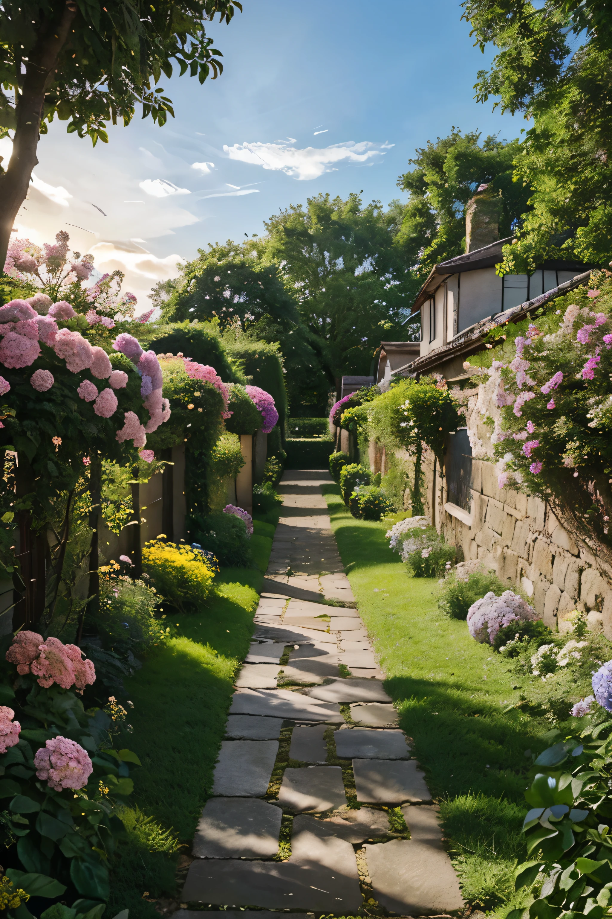 A picturesque garden path lined with vibrant, blooming flowers including roses, hydrangeas, and lilies. The path, made of cobblestones, leads alongside a yellow house with green shutters, culminating in a sunlit horizon. Lush greenery surrounds the scene, creating a serene and colorful atmosphere perfect for a tranquil stroll. The sky is a soft hue, indicating either sunrise or sunset.