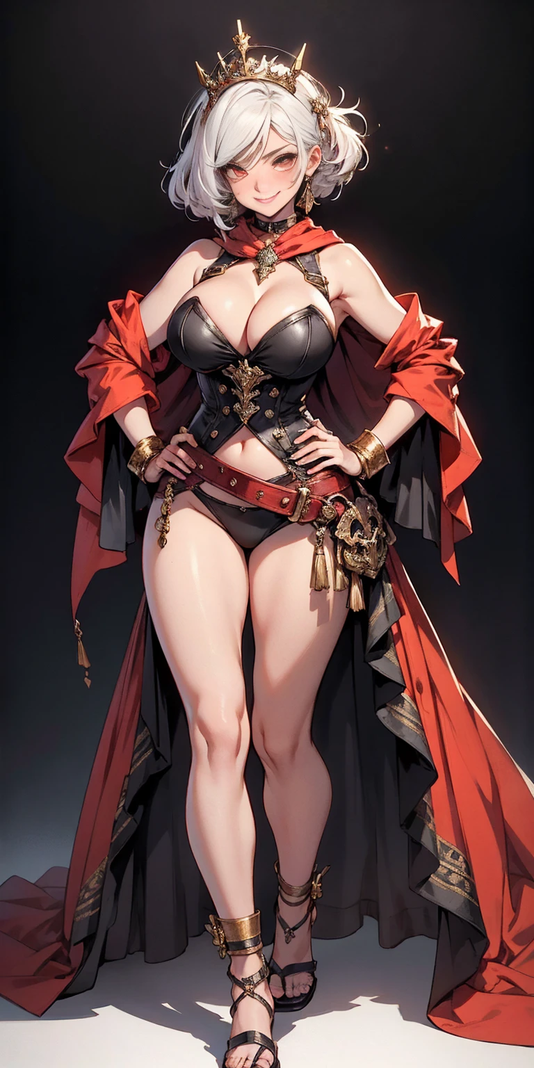 ((BLACK BACKGROUND 1:2, masterpiece)) 1solo female full body MILF BIMBO standing straight symmetrical with two long thighs, red eyes like rubies, eye focus looking to the viewer, silver white hair, short bob style hair, big knockers breastplate, breastplate, cleavage, tiara royal, long cape up to two feet, yellow bikini (yellow tiger stripes), lustful smirking smiling, smile face (red blushed, red cheeks) pauldrons metal shoulders, gold sleeveless bracelets, separate sleeves, hands on waist hands OR hips, golden bracers, metal handcuffs, leather corset, red loincloth, black leather choker slave collar, shackles bracelets, slave red crest under navel, navel, big belt around waist OR hips, feet together, metal ankle, two long thighs and two metal sandals