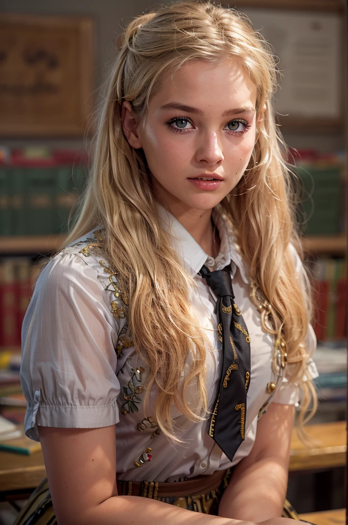 (Sienna), Masterpiece,  a 18 years old girl with long blonde hair, wearing a  shirt and pleated skirt, in a classroom,
(best quality, high quality), hyperdetailed, highres, high detail, intricate detail, HDR, 8k, sharp focus, detailed background, perfect hands, realistic eyes, detailed skin texture, (blush:0.5), (goosebumps:0.5), subsurface scattering,
