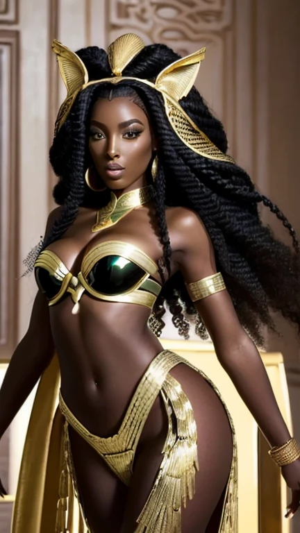 (((Femme noir africaine, peau couleur ébène intense et profond, peau parfaite))), ((best quality, extremely detailed:1.8, hyperRéaliste:1.5, photorealistic:1.5, grande profondeur de champ, vue de face, very beautiful 35 year old woman, Prise de vue en direct )), ((femme debout, she has a serious pose, very long hair, black hair with gold and shiny green highlights)), ((detailed black african woman face looking at camera, yeux verts claire électrique, Warrior, feline silhouette)), (photorealistic), sharp eyes, poitrine push-up, very thin waist, jambes longues, longues jambes, fine and detailed hands, detailed hairstyle, very long hair, femme charismatique, charisme, charismatique, sparkling eyes