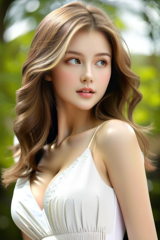 ((highest quality)), ((masterpiece)), (detailed), whole body、wallpaper、Attention to detail、Perfect proportions、Narrow waist、Light brown hair、Beautiful, clear skin、Beautiful white skin、Russian Beauty、(masterpiece:1.3), Best image quality: 1.4, (Rough long hairstyle:1.2)、A soft-looking bust、Cleavage:1.4、Future bodysuits