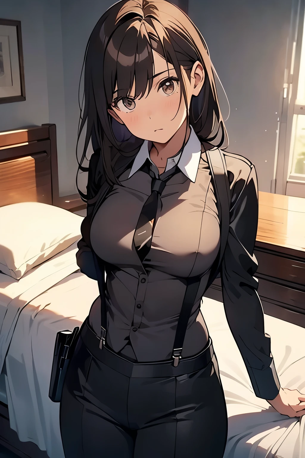 Brown Hair、Staring at the audience Black suspenders bulging big breasts wall: Black pantsuit sight Small face holster Beautiful woman Show your hand Lying in bed sight Taunt side side汗 arm Dress shirt Black Suit belt