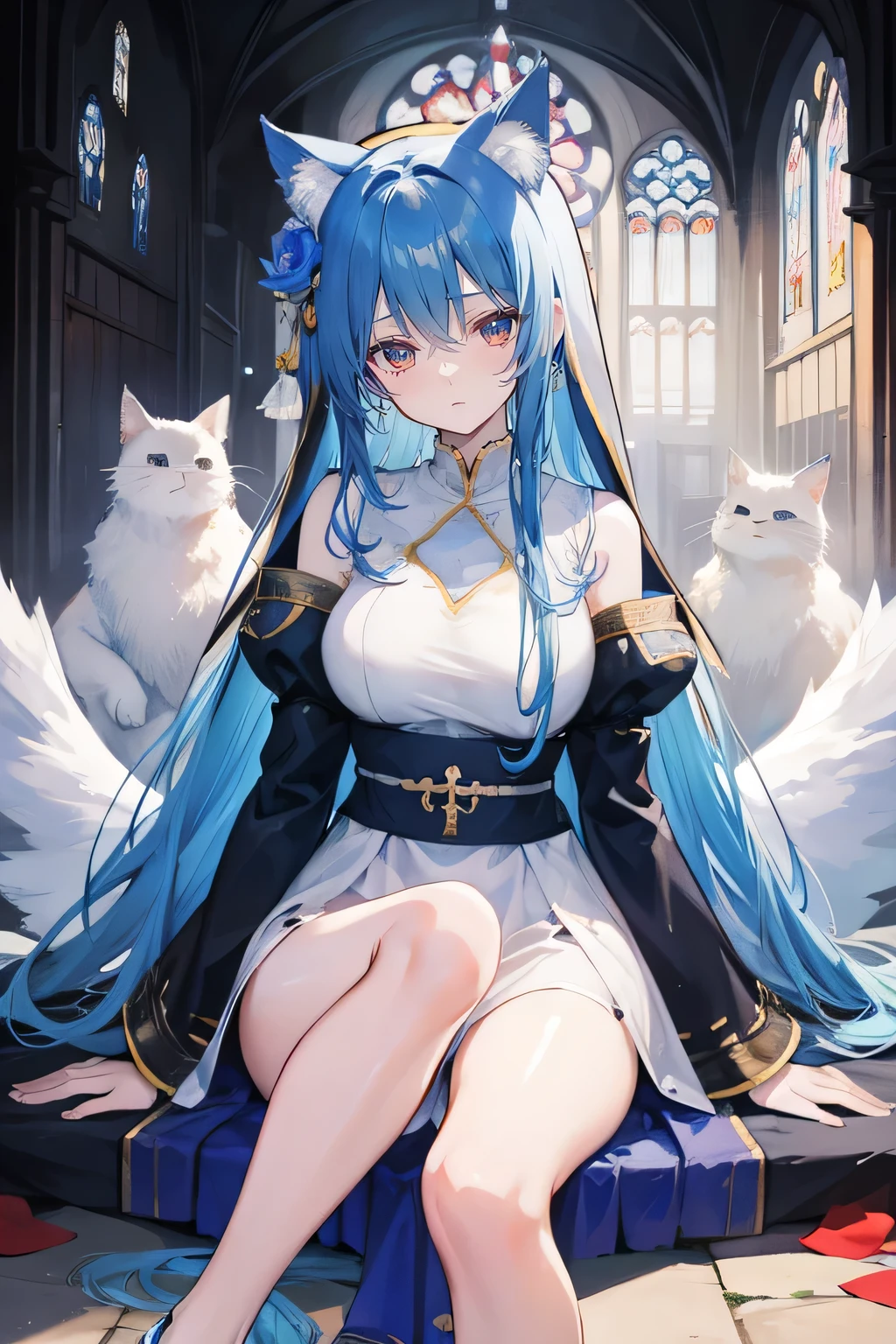 (masterpiece:1.2),Extremely detailed,Practical,expressive eyes,Fair skin,Perfect face shaping,1 Girl,
Japanese cartoons,Gorgeous blue hair, the long flowing blue hair,Floating clothes,Cat ears,Petals fall,beautiful lola,Young Angel,
Place your hands on your waist,sit elegantly on the ground,Cross your legs,Gentle and peaceful background,church,Nun&#39;s Clothes.