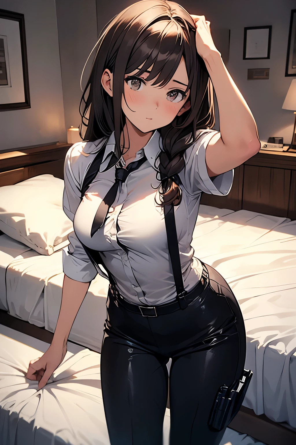 
Brown Hair、Staring at the audience　　　Black suspenders　　　bulging big breasts　　 　 　　　wall: 　Black pantsuit　　　　　　sight　　　Small face　 　　　holster　　　Beautiful woman　　Show your hand　　 Lying in bed　　sight 　　Taunt　side　side汗 　arm　Dress shirt　Black Suit　belt