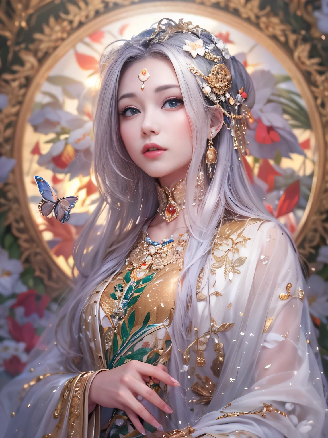 Beautiful female emperor, Clear skin, Beautiful appearance, There is deep wisdom in her eyes, It&#39;s as if she sees through the whole world, Wearing a luxurious white robe, Long sword, Robes fluttering in the wind and silver hair blowing in the wind, The white robe perfectly complements her elegant figure., The attitude is calm and idyllic, Like a perfect fairy, Yasutomo Oka's painting style, Big Breasts, Add light purple and purple, Add Light Red, Intricate details, Splash screen, 8K resolution, masterpiece, Cute Face, Big temple, mysterious magic circle background, Geometric mural, Colorful background, aura, Sharp Eyes, Break, Blonde, Strong winds, lightning, Granada, Ara, arabic