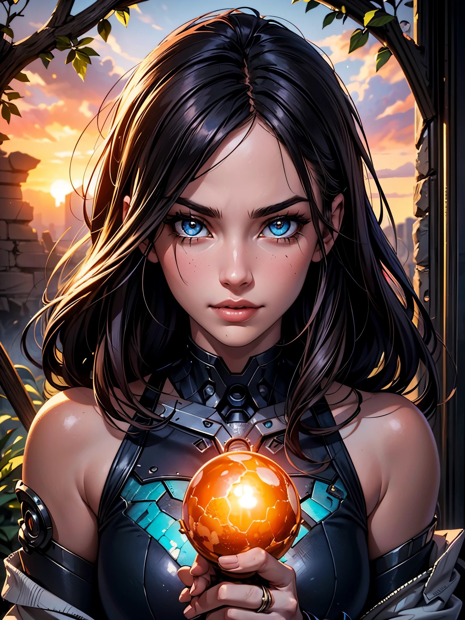 (best quality,4k,8k,highres,masterpiece:1.2),ultra-detailed,realistic:1.37,a beautiful cyborg girl standing in the ruins of the Inca Empire, Insertion, metallic body, glowing cybernetics, graceful facial features, mysterious eyes, cybernetic enhancements, ethereal appearance, the ancient stone structures, stones and vines, delicate lotus blossoms, steampunk-inspired elements, ancient technology fused with futuristic enhancements, vibrant colors contrasting with the weathered ruins, fierce determination in her eyes, holding a holographic map to unlock the secrets of the lost civilization, artistic portrait with surreal elements, soft lighting creating a dreamlike atmosphere, colorful sunrise painting the sky with shades of orange and pink, scattered ancient artifacts hinting at a forgotten past. smirk, sultry look, seductive,