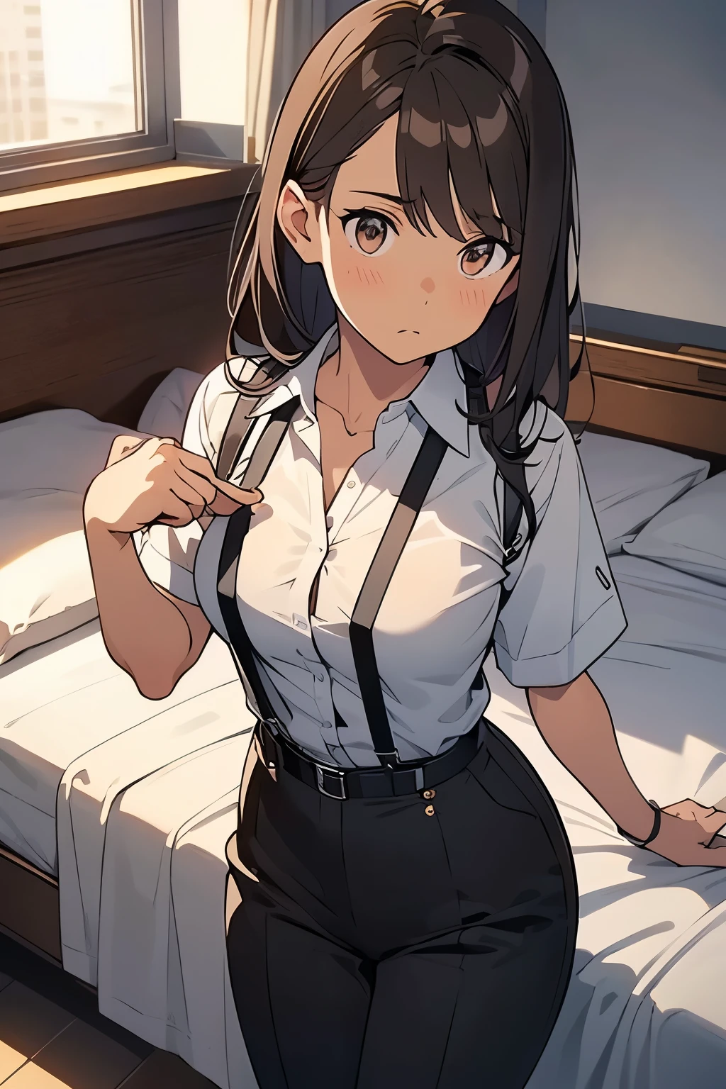 
Brown Hair、Staring at the audience　　　Black suspenders　　　bulging big breasts　　 　 　　　wall: 　Black pantsuit　　　　　　sight　　　Small face　 　　　holster　　　Beautiful woman　　Show your hand　　 Lying in bed　　sight 　　Taunt　side　side汗 　arm　Dress shirt　Black Suit　belt