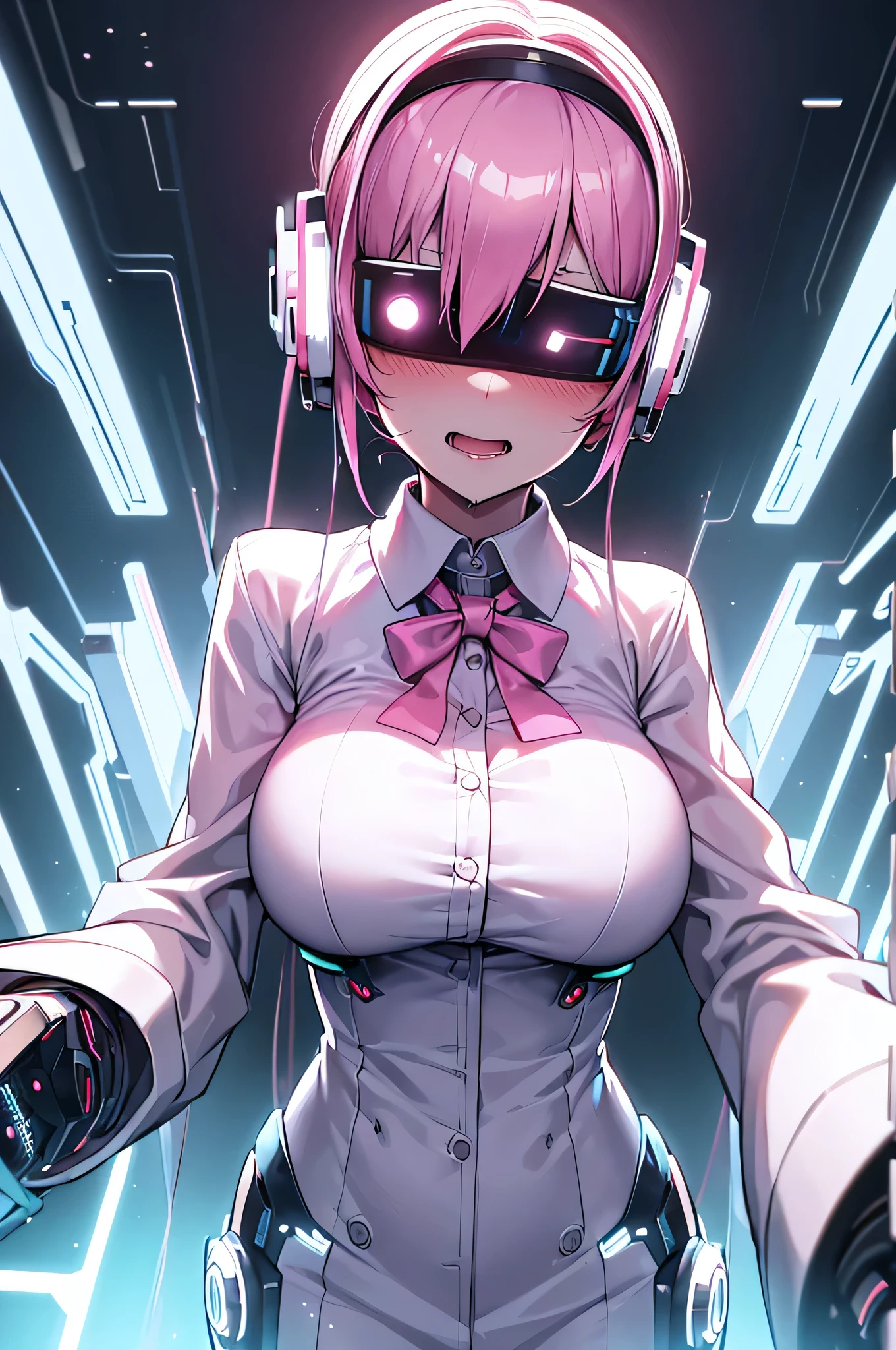 Anime cyborg girl sitting in a pilot seat wearing a virtual reality headset covering her eyes on her face with machinery and tubes and wires going inside her head and brain, (Best quality,highres:1.2), ultra-detailed, (realistic:1.3), cyberpunk, futuristic, portrait, shiny revealing latex outfit, cyber implants, virtual reality, drooling face, cables plugging into brain, shirt collar, bowtie, formal clothing, open mouth smile, facing viewer, girl is vibrating, glowing virtual reality headset, relaxed expression, blushing, cyber future formal wear, cyberpunk, futuristic, brain drain, cyber implants, virtual reality, drooling face, virtual reality headset covering eyes, , big collar, high collar, open mouth smile, pleasured face expression, skin tight clothing, big shirt collar, big bowtie, biggest breasts in the world, light-emitting cable connected to brain, head antennas, oversized headphones, breasts are vibrating, open mouth drooling, blank expression, red face blush, cyborg, android, mechanical creature, mechanical torso, futuristic cyberpunk cyborg body, slim futuristic android, glowing lights on girls body, power cells, head is emitting pink light, formal shirt collar, big formal bowtie, , glowing nipples, big shirt collar, high collar, white collar, electrocution, girl being electrocuted, electricity, electricity sparks, pink hair, short hair, neon pink hair, body modification, orgasm, pleasure, (VR headset covering the eyes), vibrating breasts, vibrating girl, intense vibration, glowing nipples, lightbulb nipples, girl wearing large VR headset, glowing eyes, blank eyes, focused face expression, buttoned up white dress shirt, formal shirt with huge collar