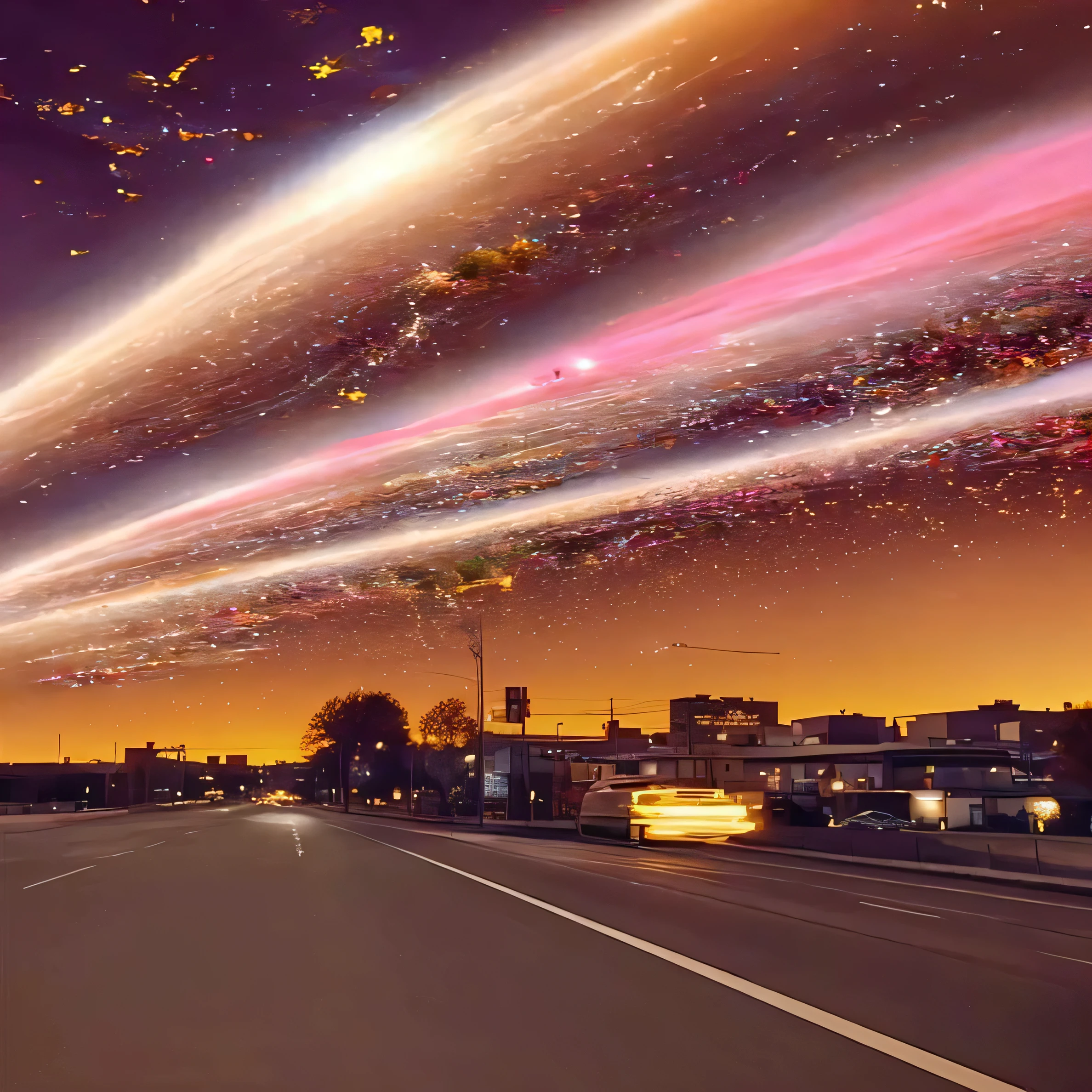 Street image with cars and street lights, recusion Bipple, author：Kurt Roesch, A starlit city at sunset, Bipple. hyperrealism, beautiful cosmic neural network, Golden meteor, by Anson Maddox, Utopian galaxies, planets colliding, the most beautiful image ever seen, realism | Bipple, Beautiful composition