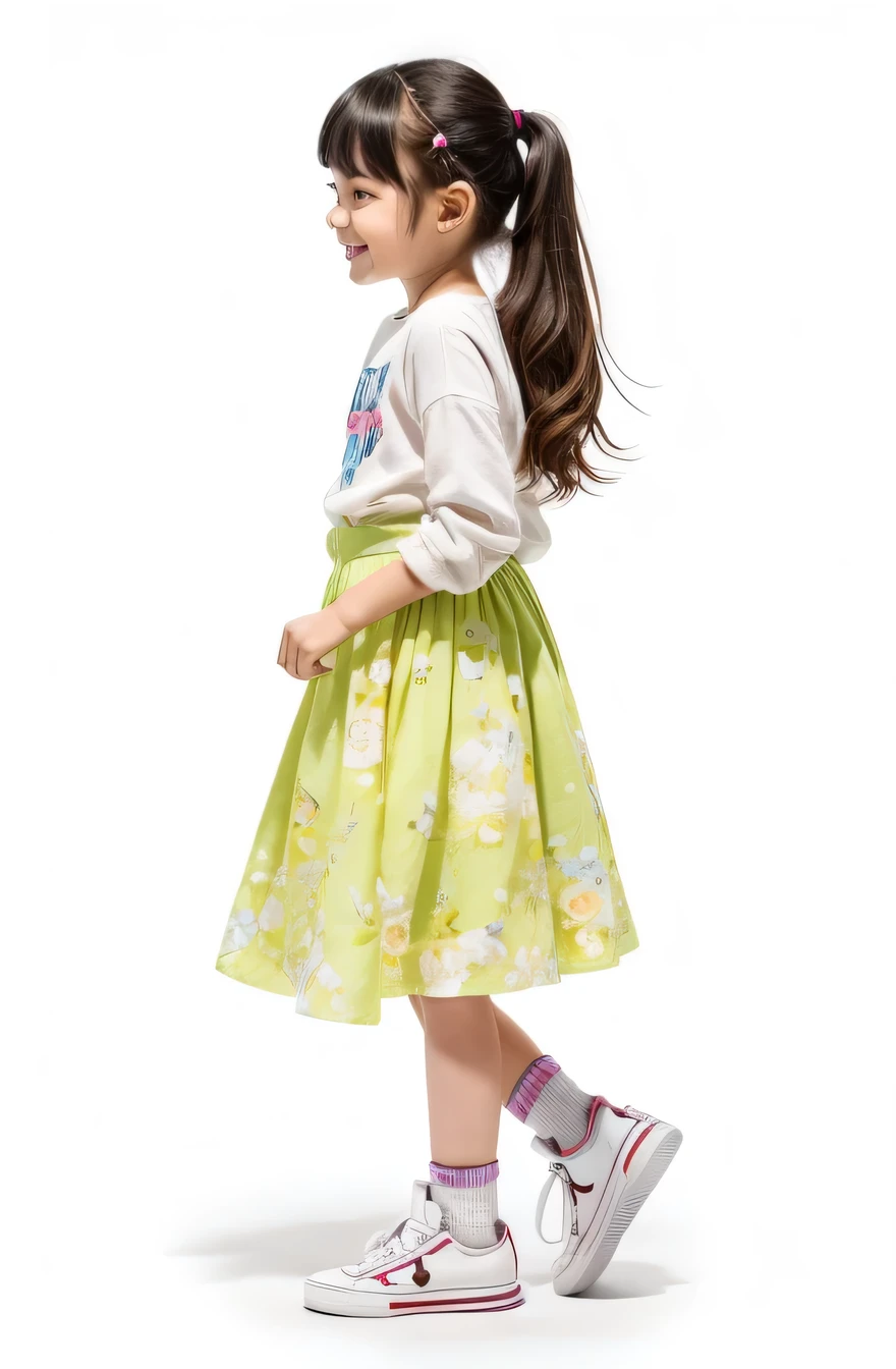 A man wearing jeans and a fedora is walking with a skateboard on a white background, (9Year old girl:1.66) ,(girl),Black Hair、(Double knit chest:1.37),(smile:1.37), (White sneakers),(Light floral skirt:1.37),(Long skirt:1.37)Profile of a girl walking, Full body cute young woman, Side view of her taking a step, Standing girl, Cute girl's, Go right, Full body image, Looking into the camera