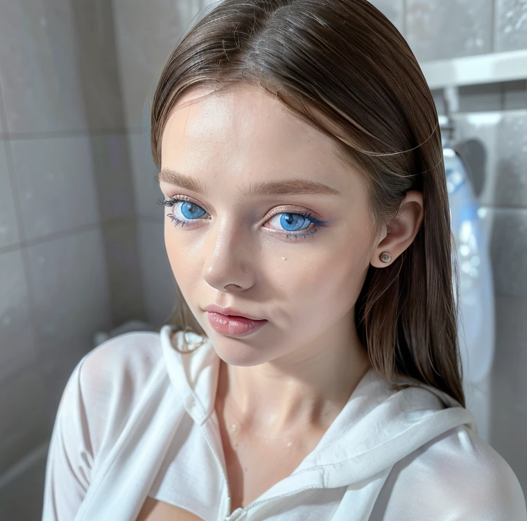 1 beautiful beautiful woman - Scandinavian European appearance (looks like the most beautiful Swedish girl), ((top quality, 8K, Masterpiece:1.retty woman, 1 woman, average breasts:1.3, a slim body:1.1, lush WHITE NIVEOUS long hair, (shower, wet body, wet clothes:1.1), very detailed face, detailed lips, detailed eyes, double eyelids, Detailed blue eyes, Detailed Outstanding Blue Eyes, WHITE NIVEOUS HAIR, IN A GYM, GYM EQUIPMENT BEHIND, sexy pose, huge beautiful earrings