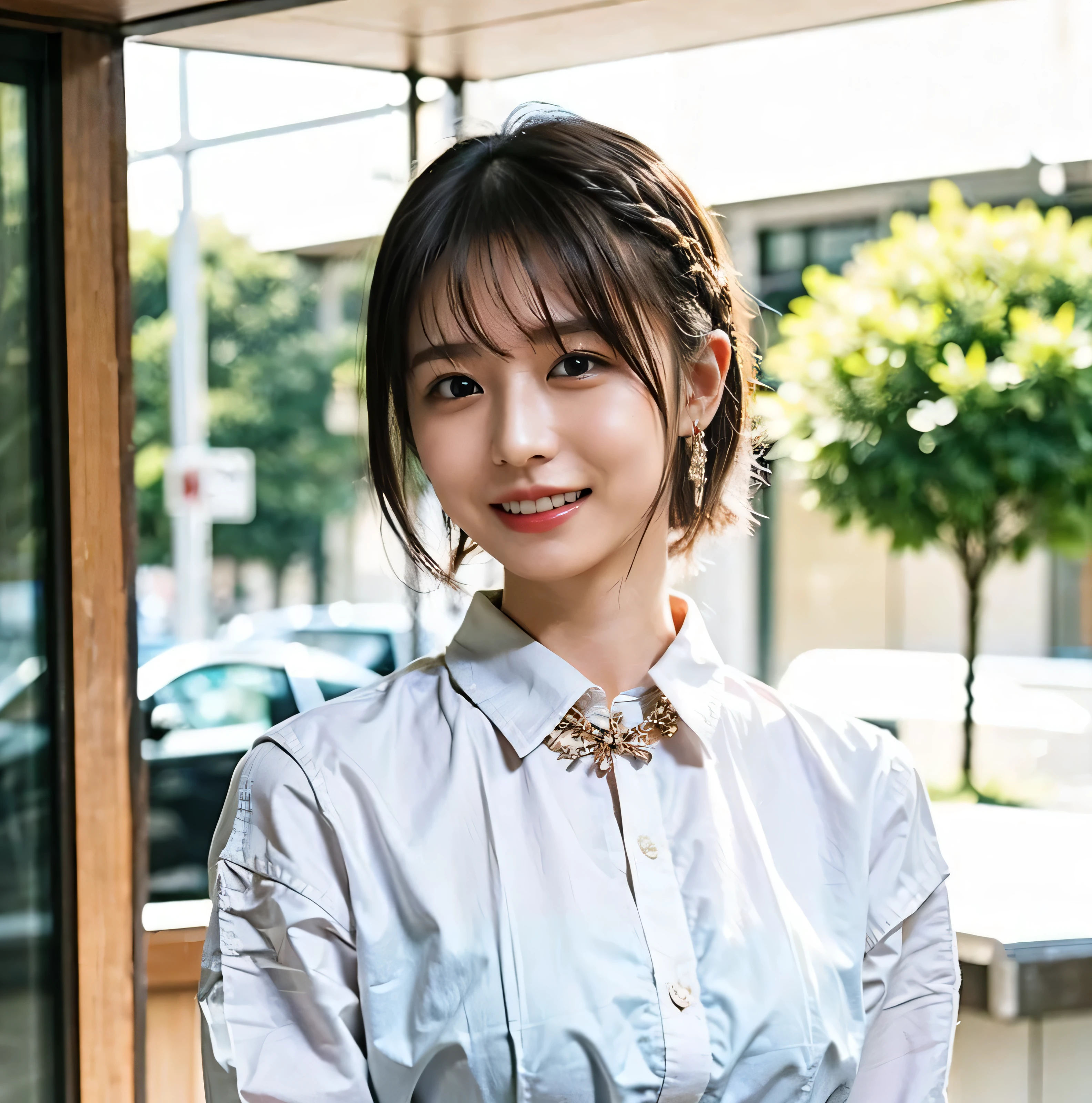 Small earrings、Laugh out loud、、Fluffy perm hair、with rufflessleeveless、Braided hair only for the bangs、Light brown hair、teeth grinding、{{Cowgirl Shot}}、((Close-up shot from the waist up、Big Breasts:1.4))、Swollen breasts、Big Breasts、Smile、Silk clothing、Big Breasts that can be seen even through clothes、Braided hair only for the bangs、Cowboy Shot、A luxurious white collared silk shirt and brown skirt、Elegant attire、A luxurious bag、In front of a stylish cafe with illuminations、A lovely smile、((Nagoya street corner))、Full body photo、ring、Luxurious clothing、Short skirt、Tuck your hair behind one ear、Silver Necklace、smile、 elegant ponytail、Caustics、Highly detailed photos、Very beautiful eyeedium Short Hair、Large Breasts、Super no makeup、(8k、RAW Photos、highest quality、masterpiece:1.2)、(Realistic、Realistic)、1 girl、((Medium Short Hair、Looking into the camera:1.4))、Hair blowing in the wind