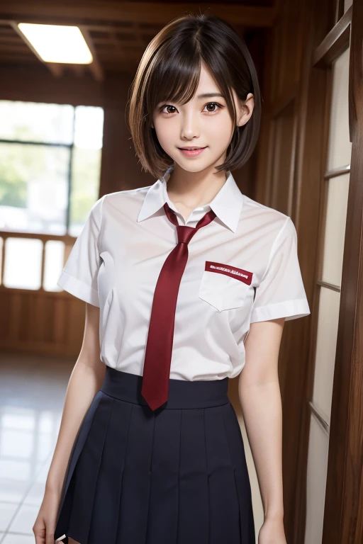 High resolution,RAW Photos,Realistic,Very delicate and beautiful,Very detailed,In detail,Very detailed CG unity 8k wallpaper,Super detailed,(highest quality, 8k, 32k, masterpiece, 超High resolution:1.2),17 year old beautiful Japanese girl in JK Uniform,Very beautiful face,Long, narrow eyes,expensive,slim,Small breasts,JK Uniform,White short sleeve shirt,Thin red tie,Upper teeth,A kind smile,Walking through the school corridors,Young Sensual Gravure Idol,Young and skinny gravure idol,A young and cute gravure idol,Young Gravure Idol,realistic Young Gravure Idol,Japanese Model,A sophisticated gravure idol,short hair,bangs