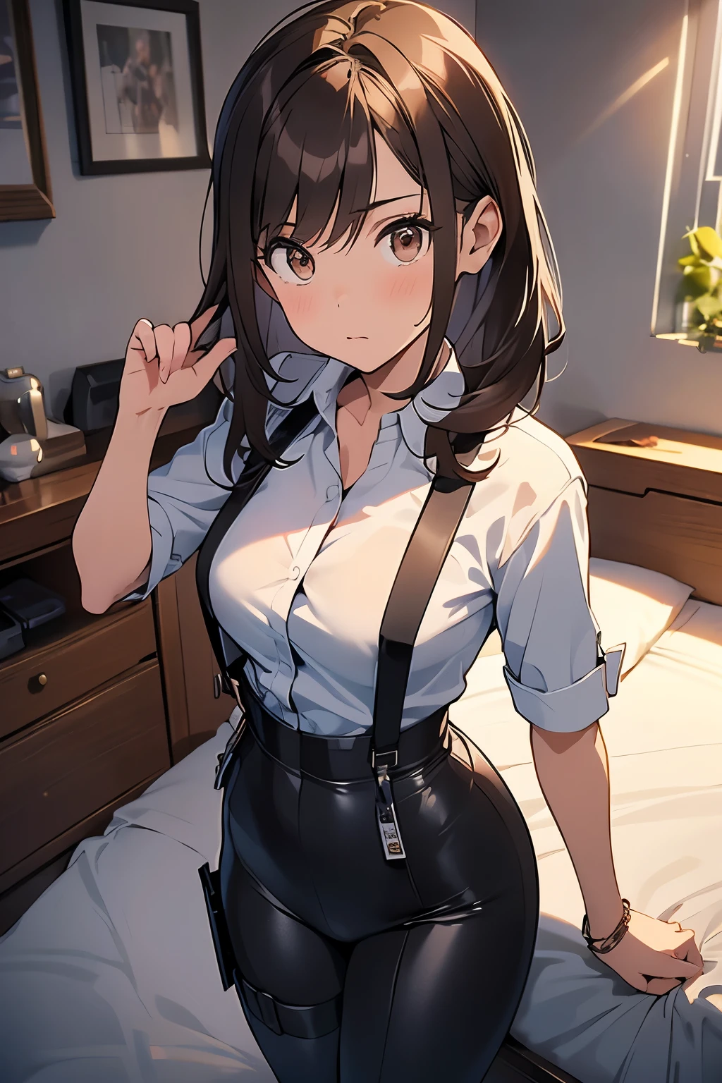 Brown Hair、Staring at the audience Black suspenders bulging big breasts wall: 黒のパンツsuit sight Small face holster Beautiful woman Show your hand Lying in bed sight Taunt side side汗 arm Dress shirt suit belt