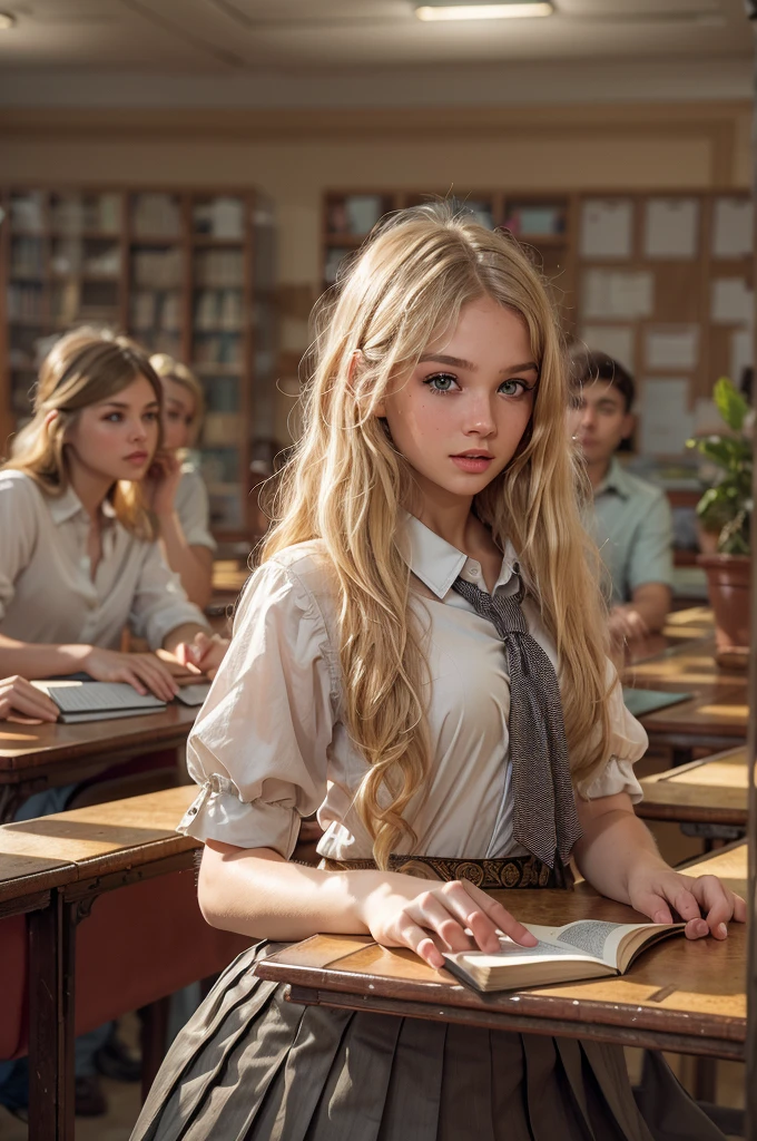 (Sienna), Masterpiece, a 18 years old girl with long blonde hair, wearing a shirt and pleated skirt, in a classroom, (best quality, high quality), hyperdetailed, highres, high detail, intricate detail, HDR, 8k, sharp focus, detailed background, perfect hands, realistic eyes, detailed skin texture, (blush:0.5), (goosebumps:0.5), subsurface scattering,
