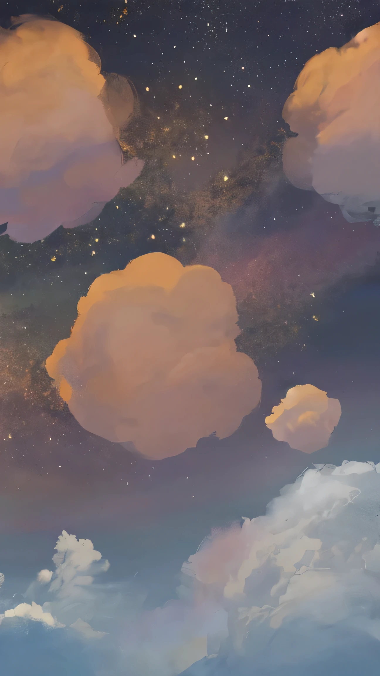 The natural scenery on the top of the mountain at night is full of stars. clouds are reddish-yellow. Looking into space.