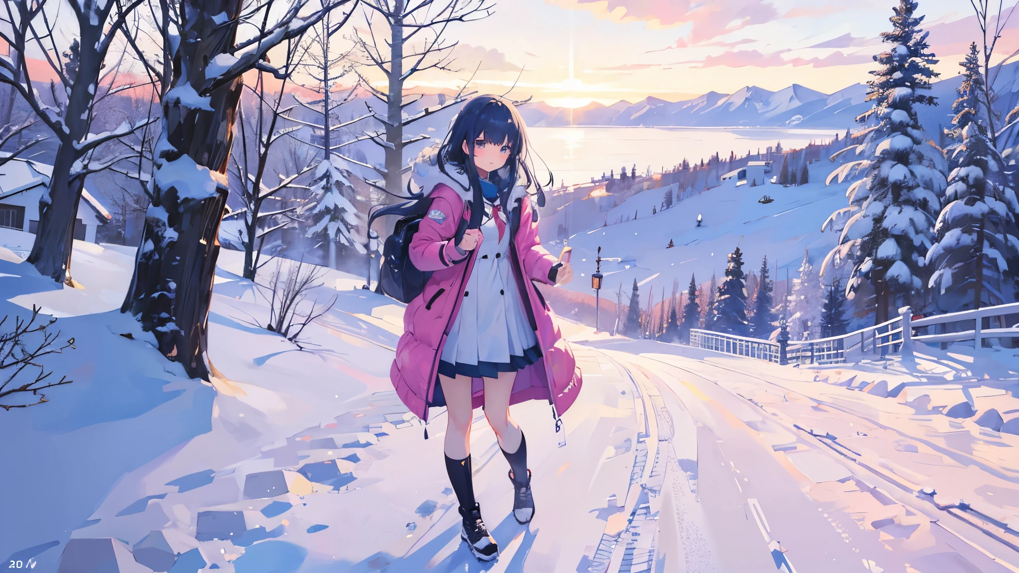 snow、Girl、high school student、Hokkaido、Boots、Fluffy jacket、uniform、Beautiful scenery