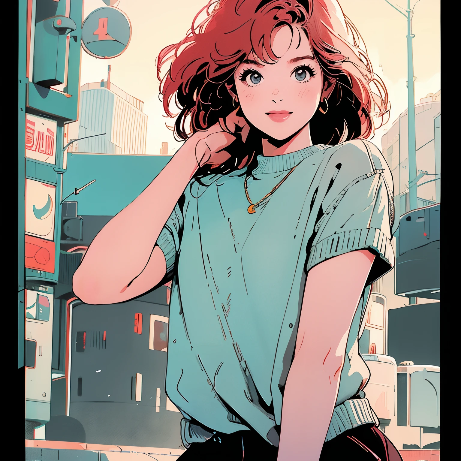 Anime image of a woman in a pink shirt standing in front of the door, a character portrait inspired by Tsuruko Yamazaki, trending on pixiv, shin hanga, style of junji ito, Levi Ackerman, in the anime series ergo proxy, cel shaded anime, junji ito 4 k, In animated films《Ergo Agent》Curly