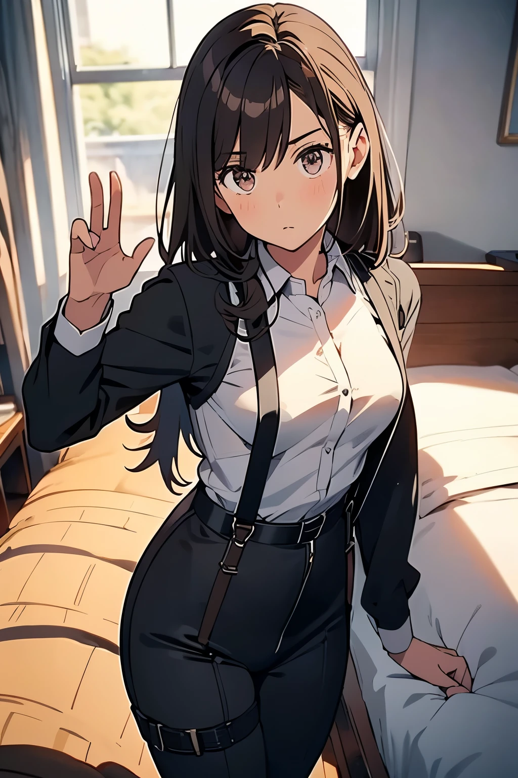 
Brown Hair、Staring at the audience　　　Black suspenders　　　bulging big breasts　　 　 　　　wall: 　黒のパンツsuit　　　　　　sight　　　Small face　 　　　holster　　　Beautiful woman　　Show your hand　　 Lying in bed　　sight 　　Taunt　side　side汗 　arm　Dress shirt　suit　belt