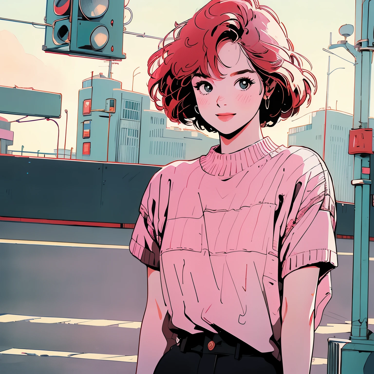 whole body、Upper Body、1 pretty woman、4k、Short sleeve sweater、pedestrian crossing、Signal 、intersection、Complex background、Detailed Hair、smile、pale red hair