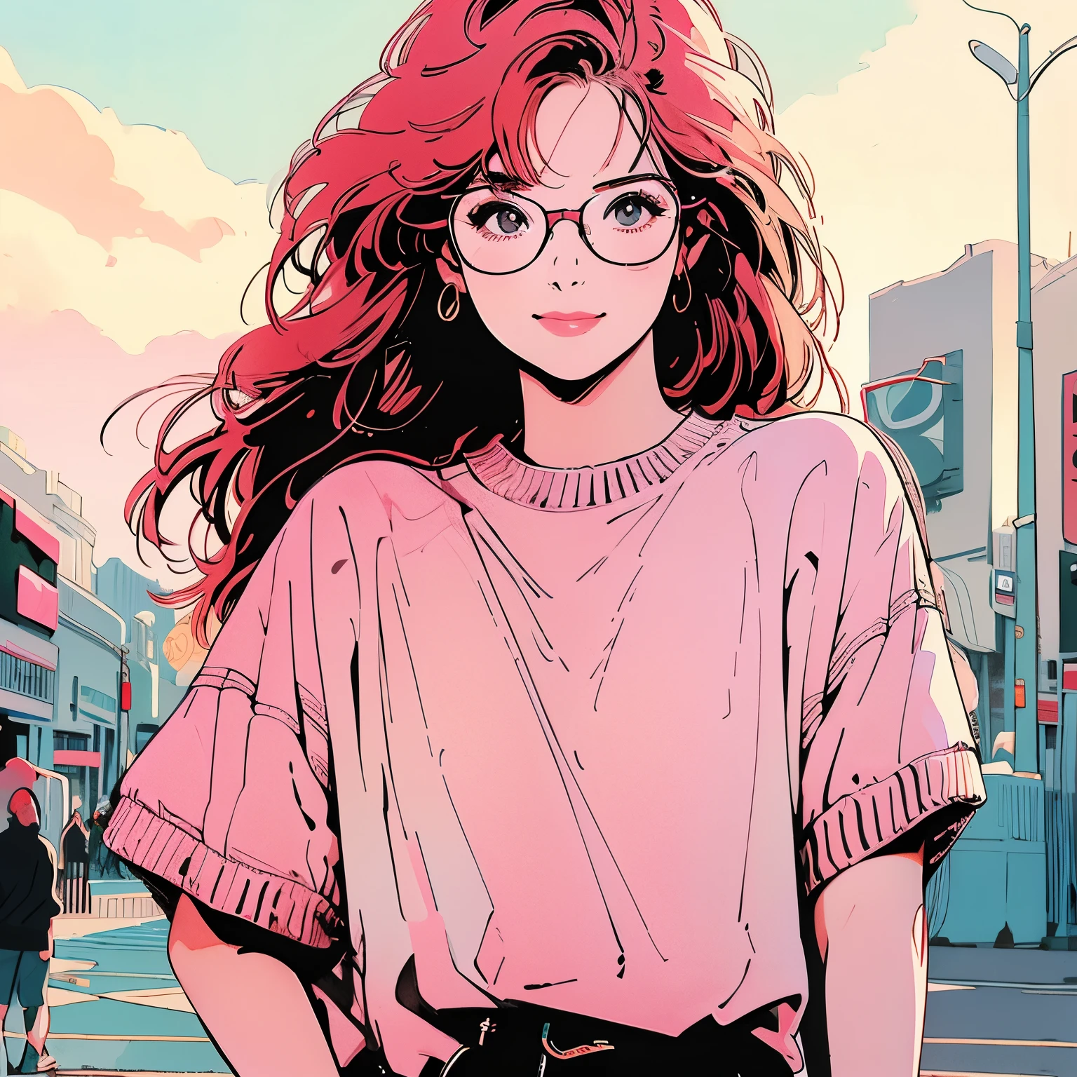 whole body、Upper Body、1 pretty woman、4k、Short sleeve sweater、pedestrian crossing、Signal 、intersection、Complex background、Detailed Hair、smile、pale red hair、Glasses