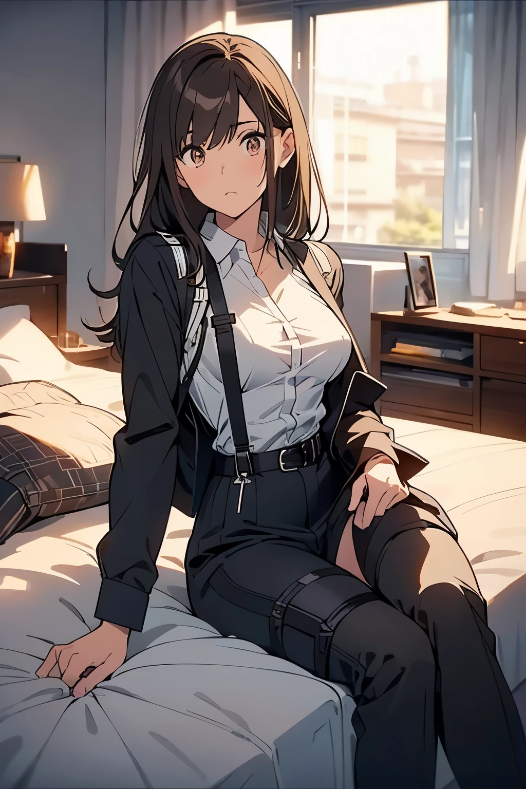 
Brown Hair、Staring at the audience　　　Black suspenders　　　bulging big breasts　　 　 　　　wall: 　黒のパンツsuit　　　　　　sight　　　Small face　 　　　holster　　　Beautiful woman　　Show your hand　　 Lying in bed　　sight 　　Taunt　side　side汗 　arm　Dress shirt　suit　belt