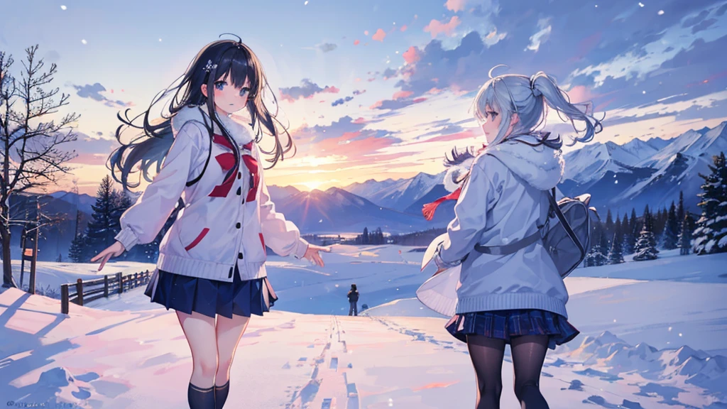 snow、Hokkaido、high school student、Girl、uniform、Fluffy clothes、Beautiful scenery、