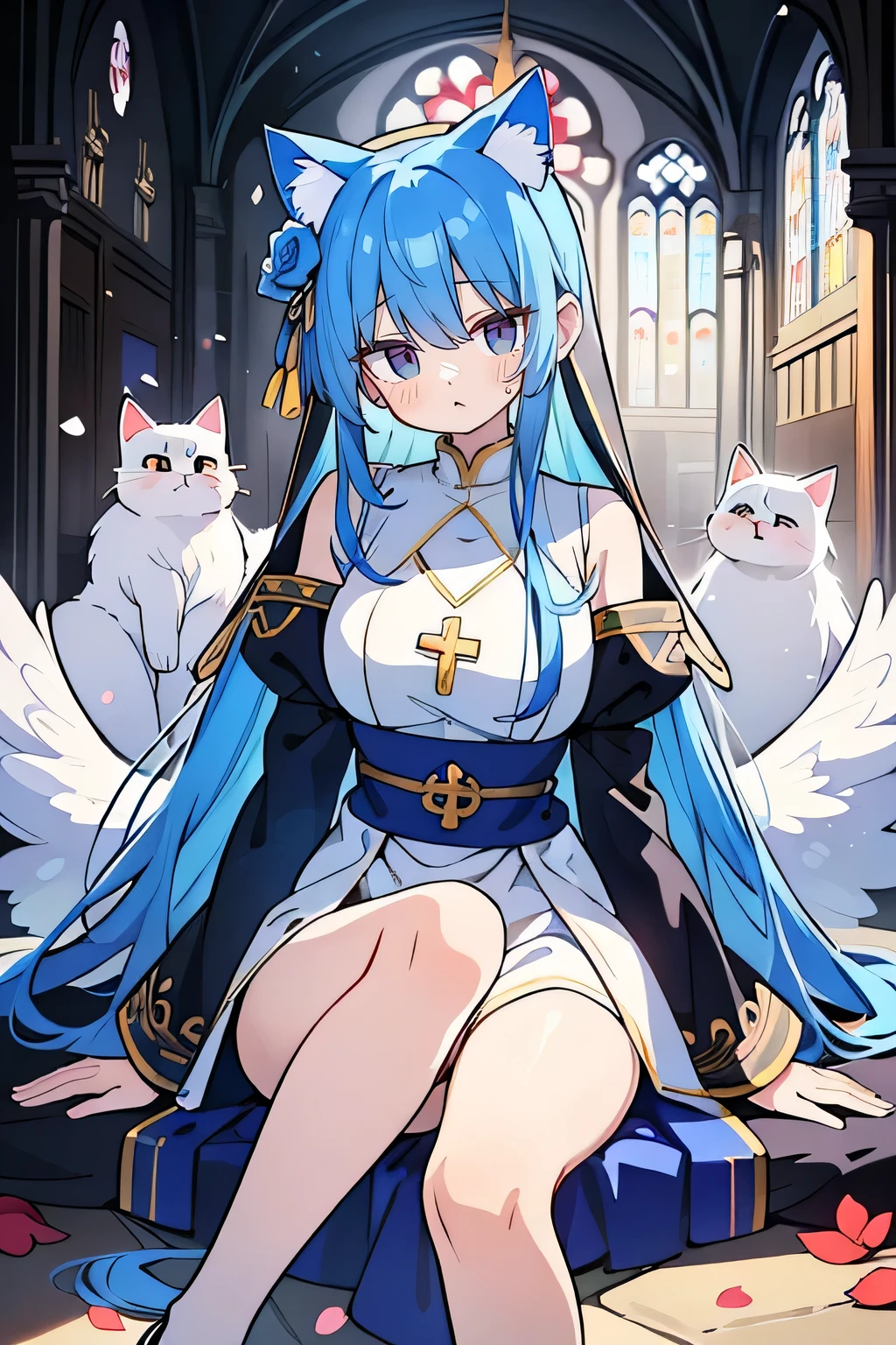 (masterpiece:1.2),Extremely detailed,Practical,expressive eyes,Fair skin,Perfect face shaping,1 Girl,
Japanese cartoons,Gorgeous blue hair, the long flowing blue hair,Floating clothes,Cat ears,Petals fall,beautiful lola,Young Angel,
Place your hands on your waist,sit elegantly on the ground,Cross your legs,Gentle and peaceful background,church,Nun's Clothes.