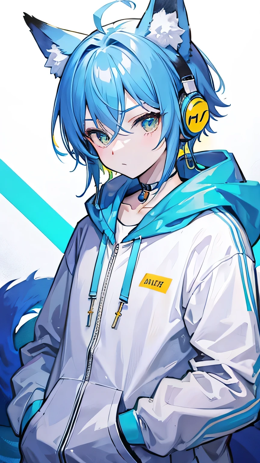 Light yellow hair，Upper Body，boy，Fox ears，White hoodie，light blue，blue，yellow，Wearing headphones around your neck，One hand in pocket，