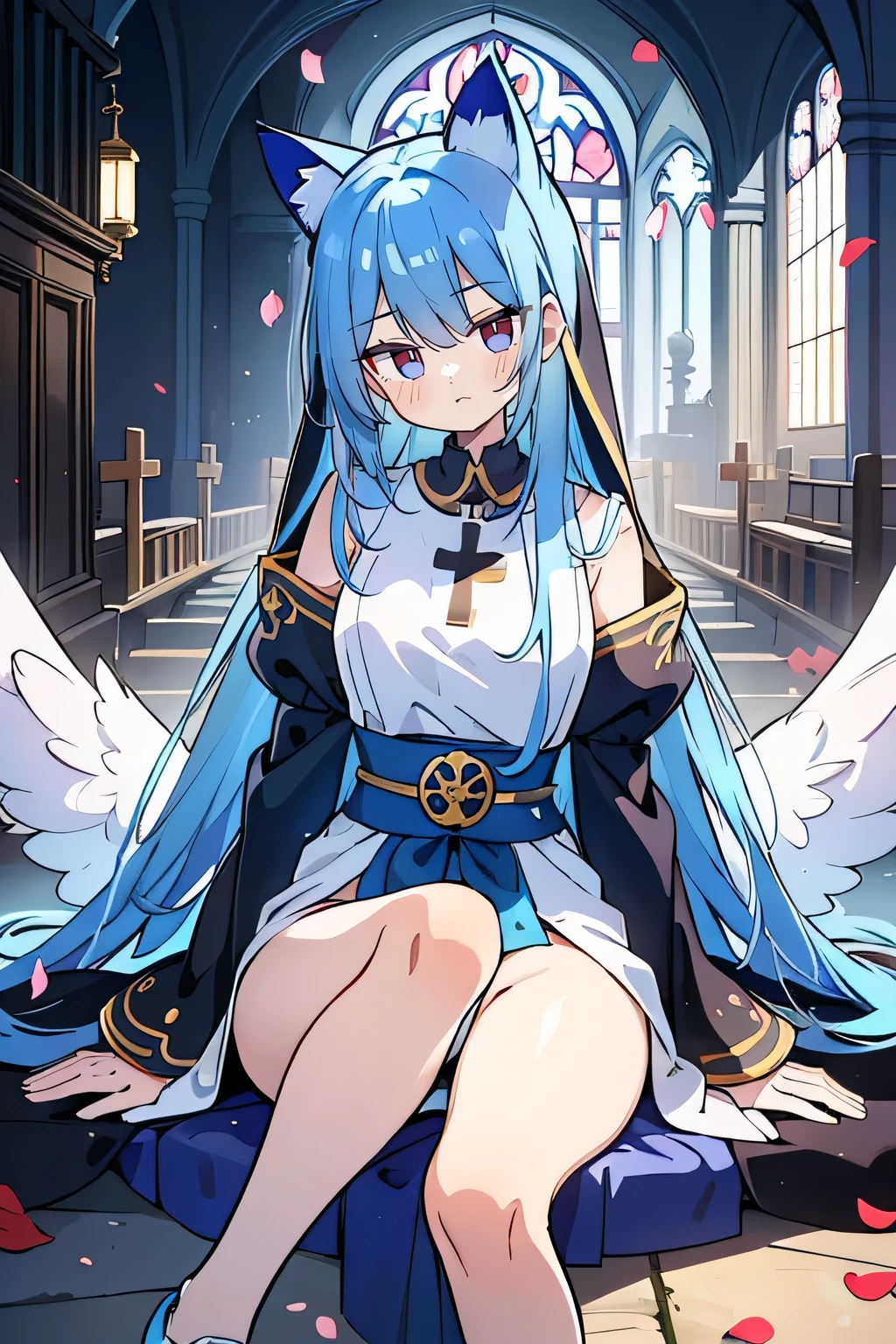 (masterpiece:1.2),Extremely detailed,Practical,expressive eyes,Fair skin,Perfect face shaping,1 Girl,
Japanese cartoons,Gorgeous blue hair, the long flowing blue hair,Floating clothes,Cat ears,Petals fall,beautiful lola,Young Angel,
Place your hands on your waist,sit elegantly on the ground,Cross your legs,Gentle and peaceful background,church,Nun's Clothes.