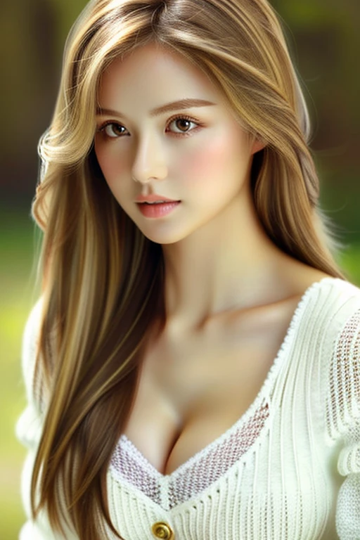 ((highest quality)), ((masterpiece)), (detailed), whole body、wallpaper、Attention to detail、Perfect proportions、Narrow waist、Light brown hair、Beautiful, clear skin、Beautiful white skin、Russian Beauty、(masterpiece:1.3), SLR Photo、Best image quality: 1.4, (Rough long hairstyle:1.2)、A soft-looking bust、Cleavage:1.4、loose and light knitwear,